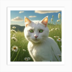 White Cat In A Field Art Print