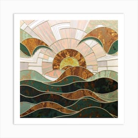 Straight and broken flowing lines and tree shapes, gold, sage, in the form of a tropical ocean. 1 Art Print