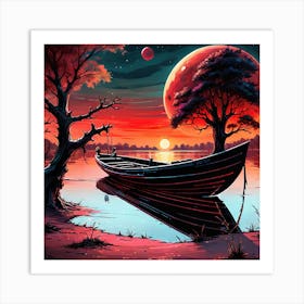 A Landscape Of Dreamsa Black Boatsunsetdark Treesgiant Red Planet In The Backround Sharp F 487718736 Art Print