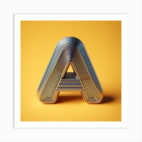 3d Typography Of The Letter A, On A Yellow Background, Chrome Shiny Texture, Ridges, Minimal Art Print