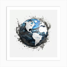 Planet Earth Sketch With Ink Splash Effect Art Print