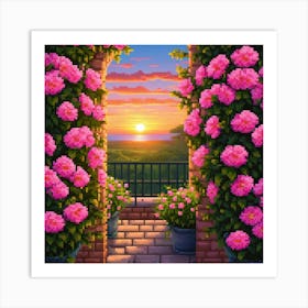 Pink Flowers Sunset Read Shade Flowers Blue Sky Beautiful Location Sunset View Wall 3 Art Print