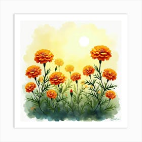 Bright Watercolor Marigolds In A Sunny Garden Scene Art Print