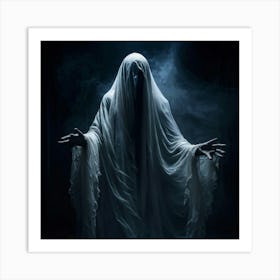 Ghostly Figure Draped In A Shroud Like Veil Hands Reaching Out As If For Help Eyes Wide With Blind (3) Art Print