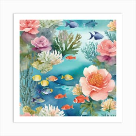 Peaceful Retreat Combine, Featuring Soft Watercolor Florals In Pastel Shades With C, COLOR FISHES, SEA ART, Under The Sea, Seamless Pattern With Corals And Fish Art Print