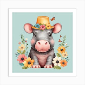 Floral Baby Hippo Nursery Illustration (5) Art Print