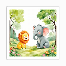 Cartoon Lion And Elephant In The Forest Art Print