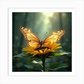 A Mystical Butterfly With Crystal Wings, Resting On A Giant Sunflower In A Dreamlike Forest Art Print