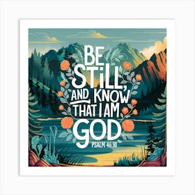 Bible Verse, Psalms 46:10; Be Still And Know That I Am God, Christian Art, Mountains, Lake, Flowers, Vibrant Art Print