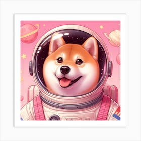 A Cute Happy Shiba Inu Astronaut On A Pink Background, Digital Art Art Print