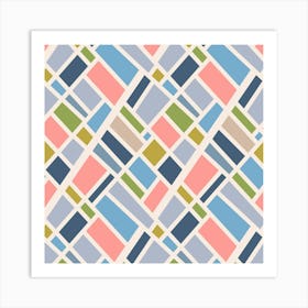 EQUATORIAL Retro Mid-Century Modern Abstract Geometric Color Block Grid in Pastel Pink Green Blue Gray Beige Cream Art Print