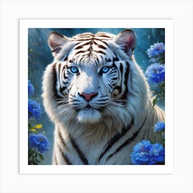 White Tiger With Blue Flowers Art Print