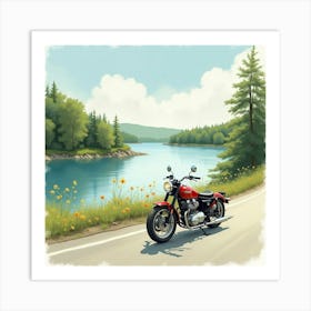 Retro Motorcycle On A Tranquil Lakeside Road Watercolor 1 Art Print