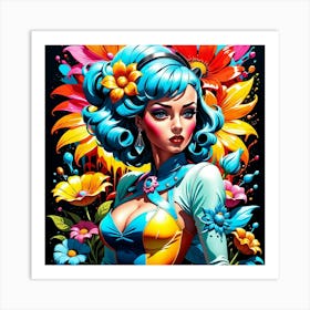 Blue Haired Girl With Flowers Art Print