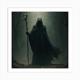 A Mysterious Figure Cloaked In Shadows Holding A Staff 1 Art Print