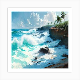 Massive Waves Crashing Into Rocks On Tropical Beach Art Print