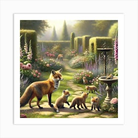 Foxes In The Garden Vintage Art Print