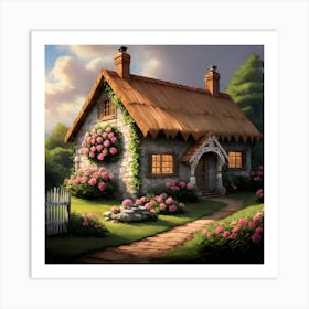 Peaceful Cottage Retreat With Pink Roses Art Print