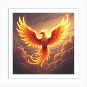 Phoenix Soaring Through The Clouds With Glowing Fiery Wings 1 Art Print