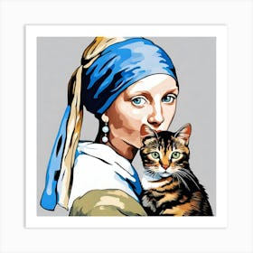 Girl With The Pearl And Cat Art Print