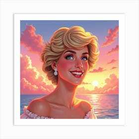 Princess Diana Smiling In A Colorful Watercolor Sunset With Pink Clouds 1 Art Print