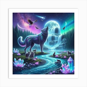 Howling Wolf Family by Crystal Waterfall Under Full Moon and Aurora Borealis Art Print