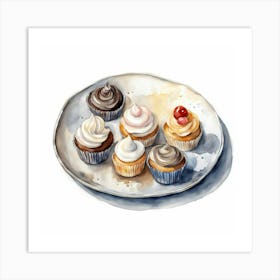 Watercolor Cupcakes On A Plate Art Print