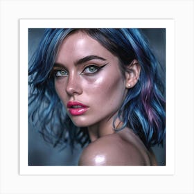 Close Up Portrait Of A Young Woman With Blue Hair Ai Art Print