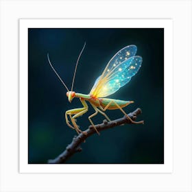 A Whimsical Mantis With Wings Of Glowing, Fractal Light Perched On A Celestial Twig 1 Art Print