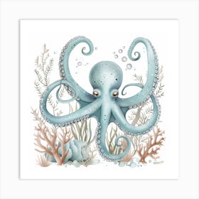 Cute Storybook Style Octopus Blue & White  1 Art Print