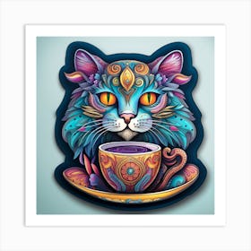 Cat With A Cup Of Tea Whimsical Psychedelic Bohemian Enlightenment Print Art Print