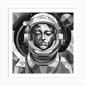 Contemplating Astronaut Monochrome Cubism Style Art Print