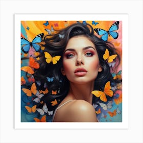 Painting of a woman surrounded by butterflies, art, wall art Art Print