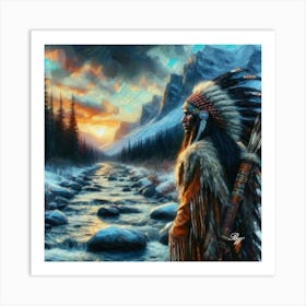 Oil Texture Native American Warrior By Stream 2 Art Print