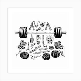 Black And White Drawing Of Weights Art Print