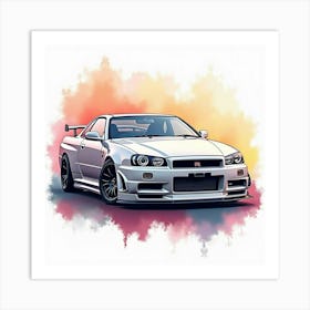 Nissan Gt R R34 In A Colorful, Watercolor Scene, No Logo Or Signature Art Print