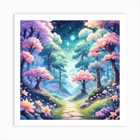 A Fantasy Forest With Twinkling Stars In Pastel Tone Square Composition 248 Art Print