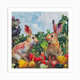 Kitsch Rabbits Surrounded By Vegetables Art Print
