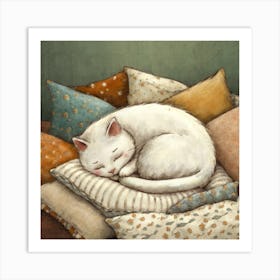 White Cat Sleeping On Pillows Art Print