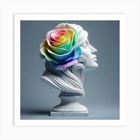 A White Marble Bust Of Rainbow Colored Rose On A Grey Background, 3d 7 Art Print