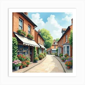 An English Street With A Colorful Flower Shop And Friendly Neighbors, Watercolor 1 Art Print