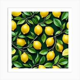 Lemons On A Green Background Art Print