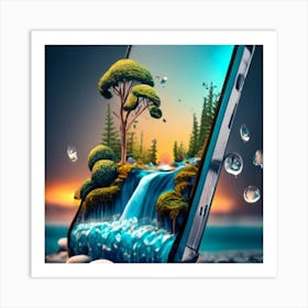 A smartphone whose screen displays a miniature view of a waterfall. 1 Art Print