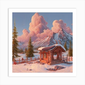 Mountain village snow wooden huts 11 Art Print