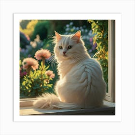 White Cat Sitting On Window Sill 1 Art Print