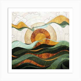 Straight and broken flowing lines and tree shapes, gold, sage, orange, lemon and brown calligraphy drawing in the form of a tropical ocean. 1 Art Print