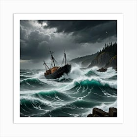 Through the Storm: Trawler and Seagulls Art Print