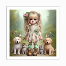 Little Girl With Dogs Art Print