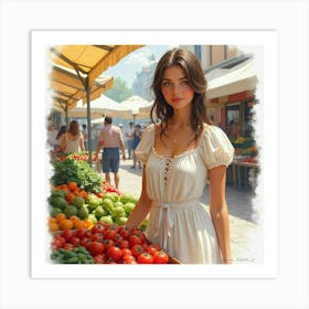 French Beauty In A Traditional Market, Watercolor With Rich, Lively Colors 1 Art Print