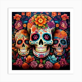 Maraclemente Many Sugar Skulls Colorful Flowers Vibrant Colors 13 Art Print